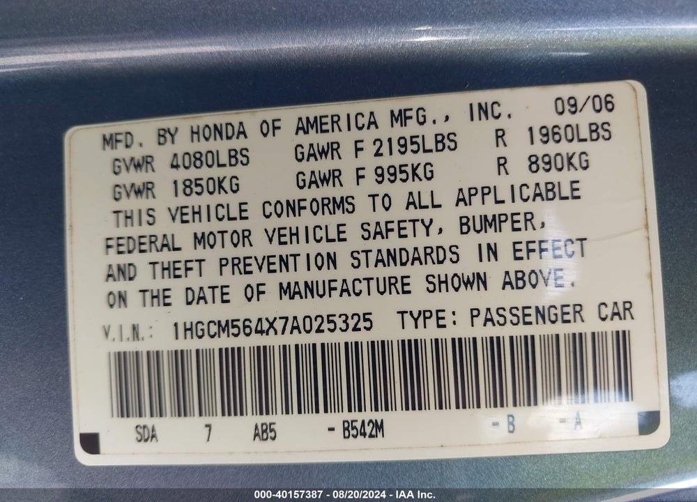 2007 HONDA ACCORD 2.4 LX VIN: 1HGCM564X7A025325