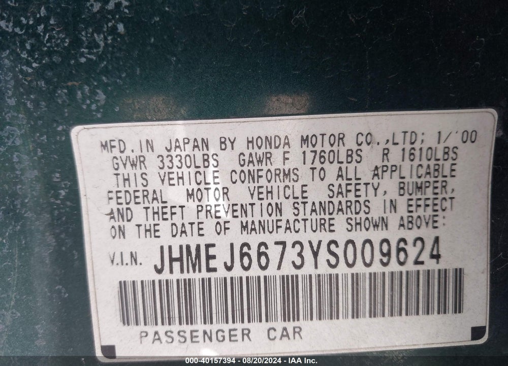 2000 HONDA CIVIC LX VIN: JHMEJ6673YS009624