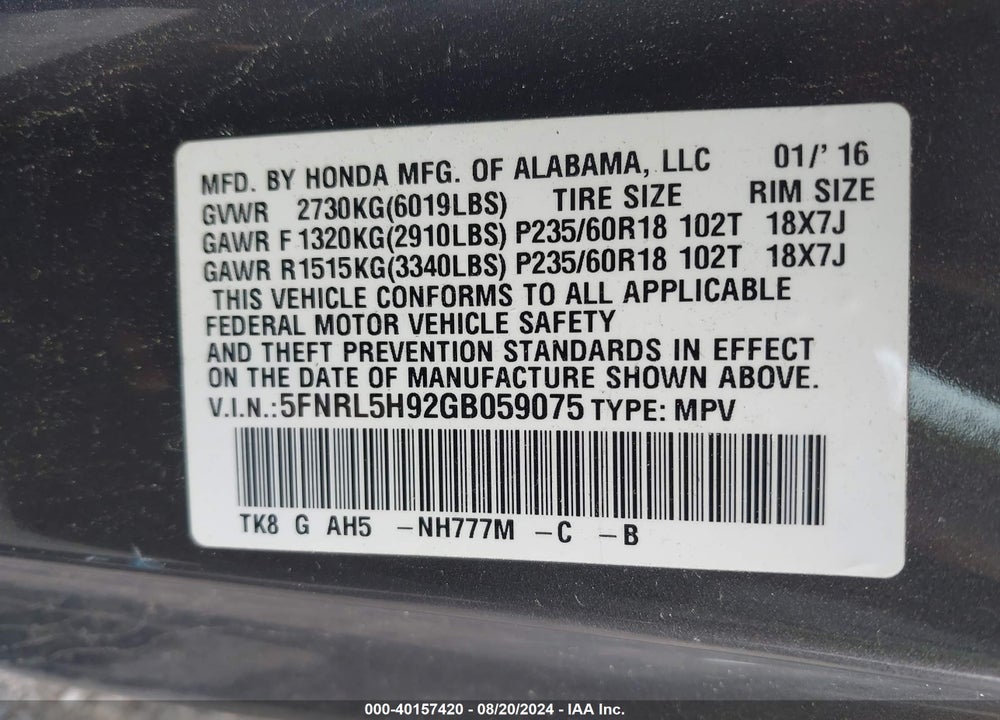 2016 HONDA ODYSSEY TOURING/TOURING ELITE VIN: 5FNRL5H92GB059075