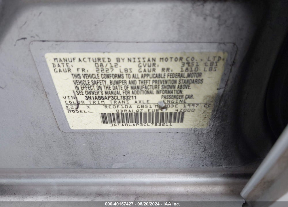 2012 NISSAN SENTRA 2.0 VIN: 3N1AB6AP3CL783211