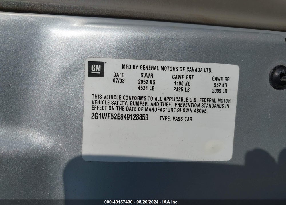 2004 CHEVROLET IMPALA VIN: 2G1WF52E849128859