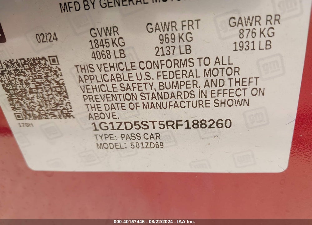 2024 CHEVROLET MALIBU FWD 1LT VIN: 1G1ZD5ST5RF188260