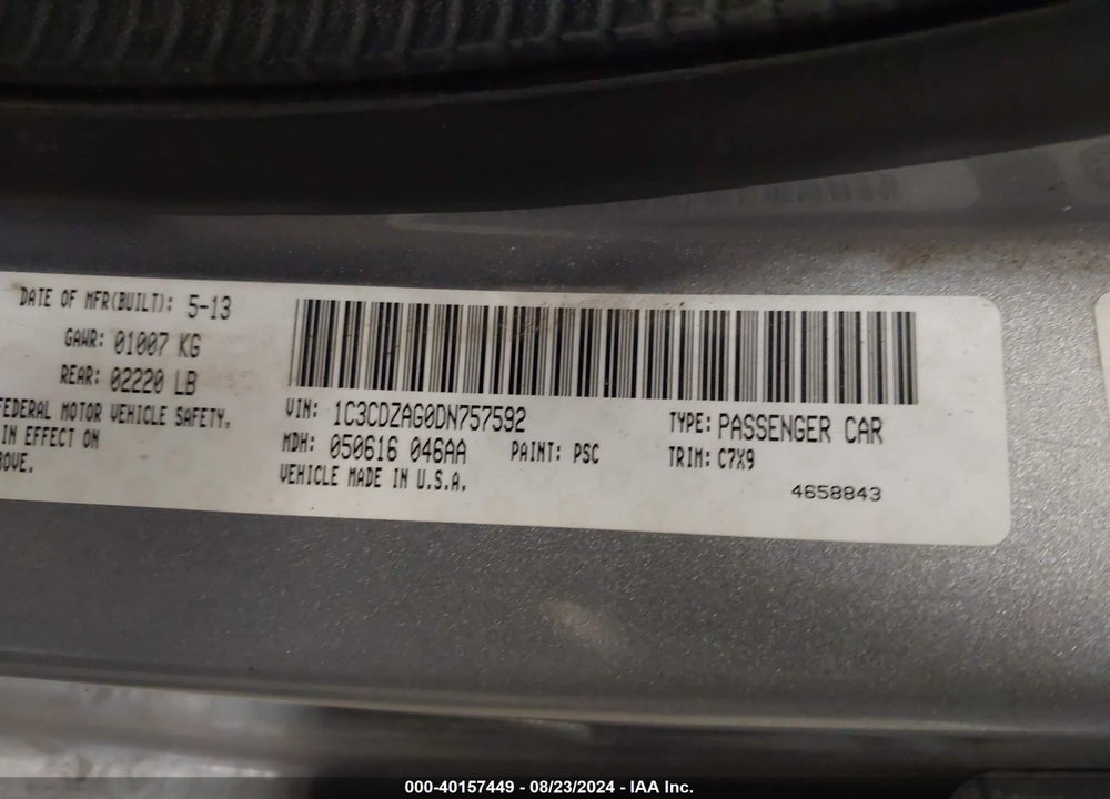 2013 DODGE AVENGER VIN: 1C3CDZAG0DN757592