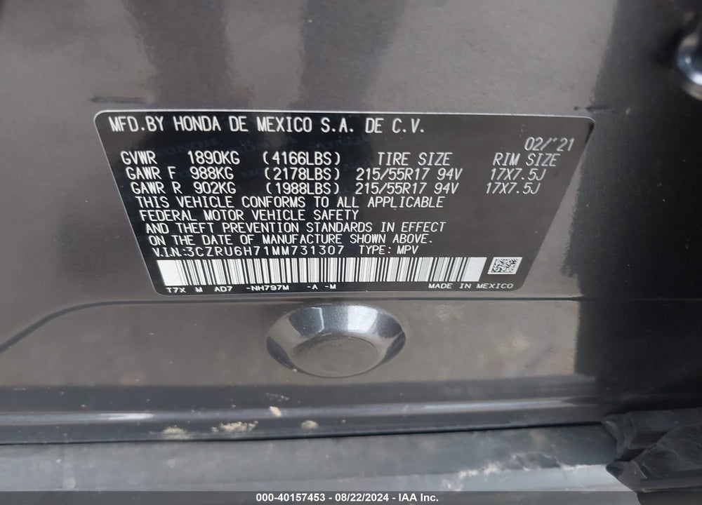 2021 HONDA HR-V AWD EX-L VIN: 3CZRU6H71MM731307