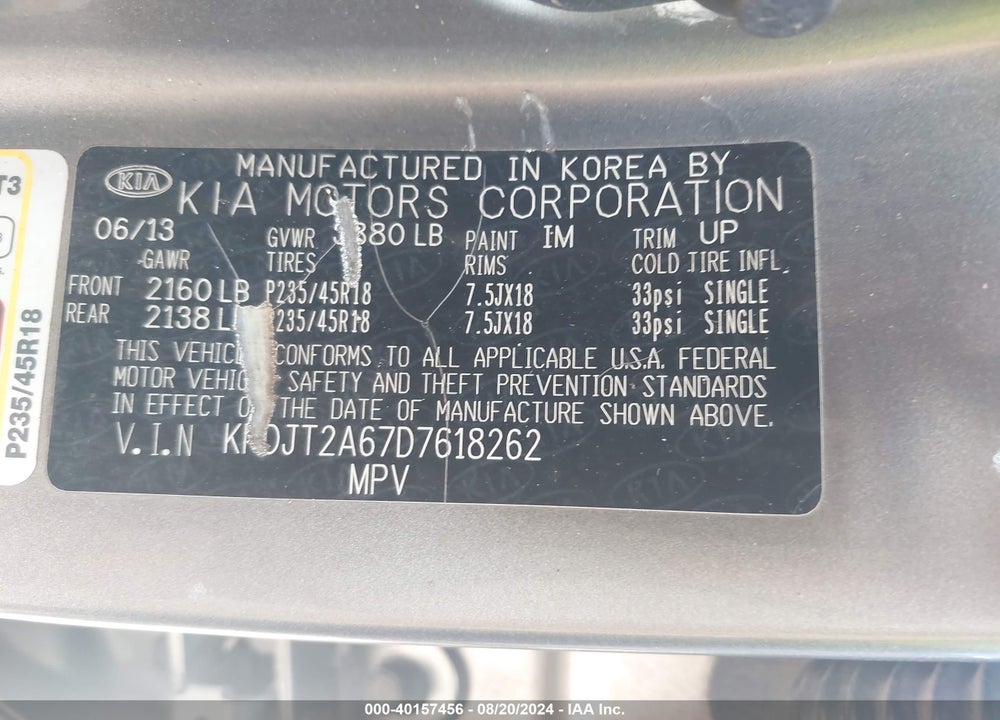 2013 KIA SOUL VIN: KNDJT2A67D7618262