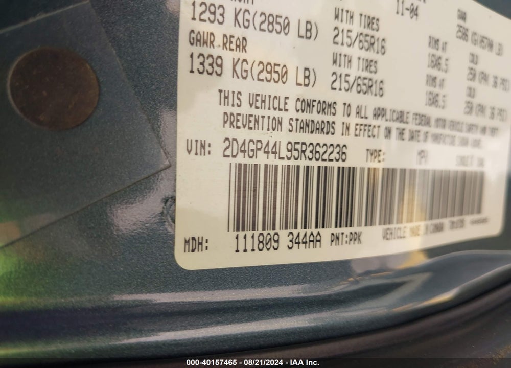 2005 DODGE GRAND CARAVAN SXT VIN: 2D4GP44L95R362236