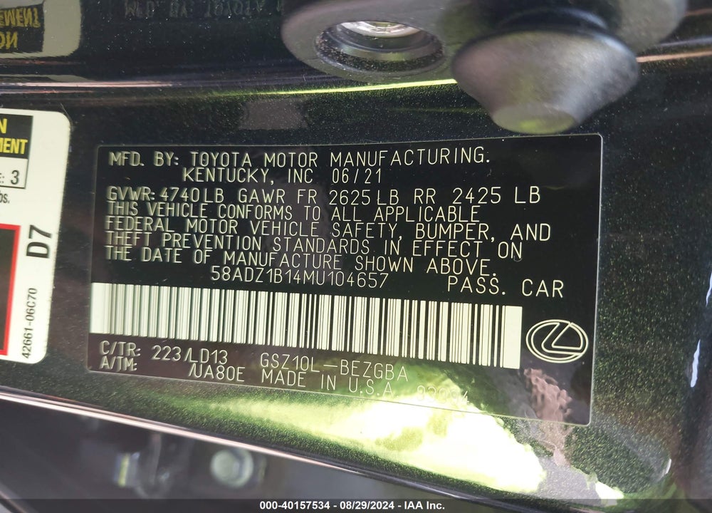 2021 LEXUS ES 350 VIN: 58ADZ1B14MU104657
