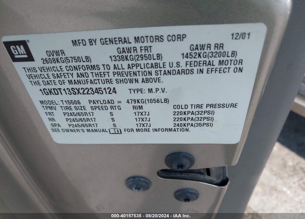 2002 GMC ENVOY SLE VIN: 1GKDT13SX22345124