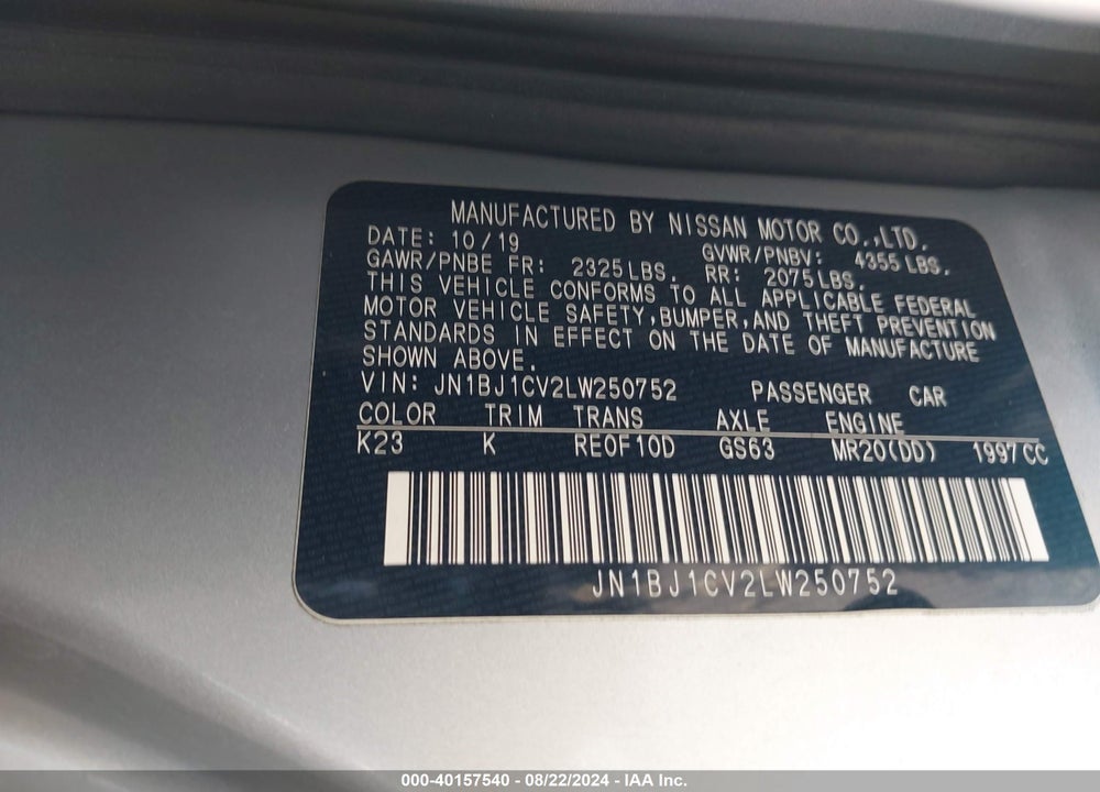 2020 NISSAN ROGUE SPORT SV FWD XTRONIC CVT VIN: JN1BJ1CV2LW250752