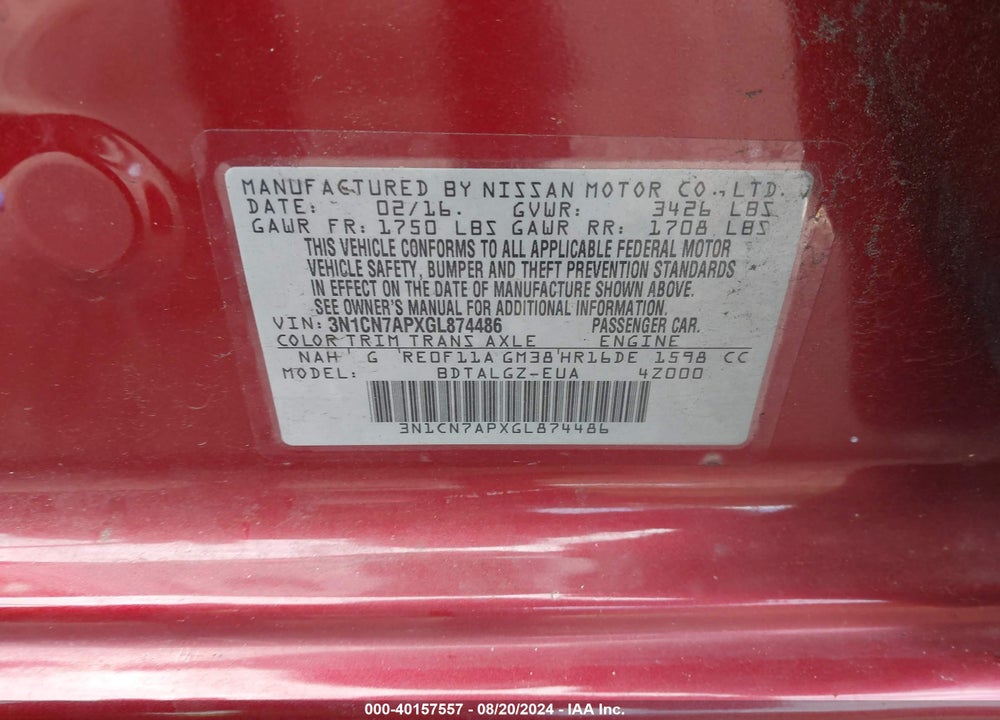 2016 NISSAN VERSA 1.6 SL VIN: 3N1CN7APXGL874486