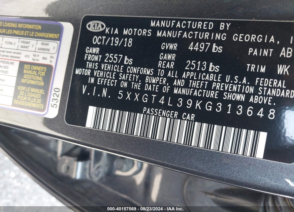 2019 KIA OPTIMA S VIN: 5XXGT4L39KG313648