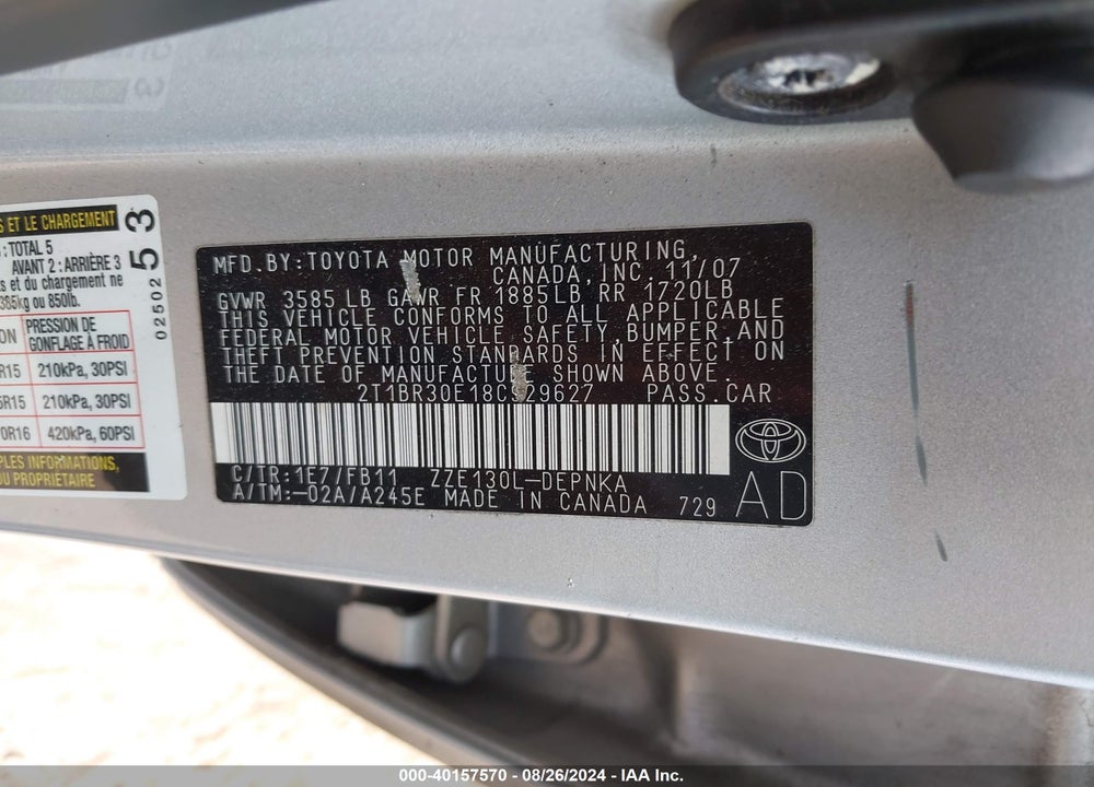 2008 TOYOTA COROLLA LE VIN: 2T1BR30E18C929627