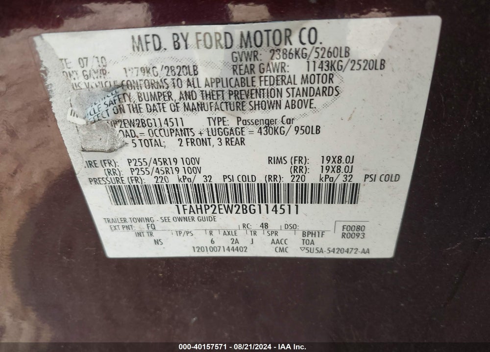 2011 FORD TAURUS VIN: 1FAHP2EW2BG114511