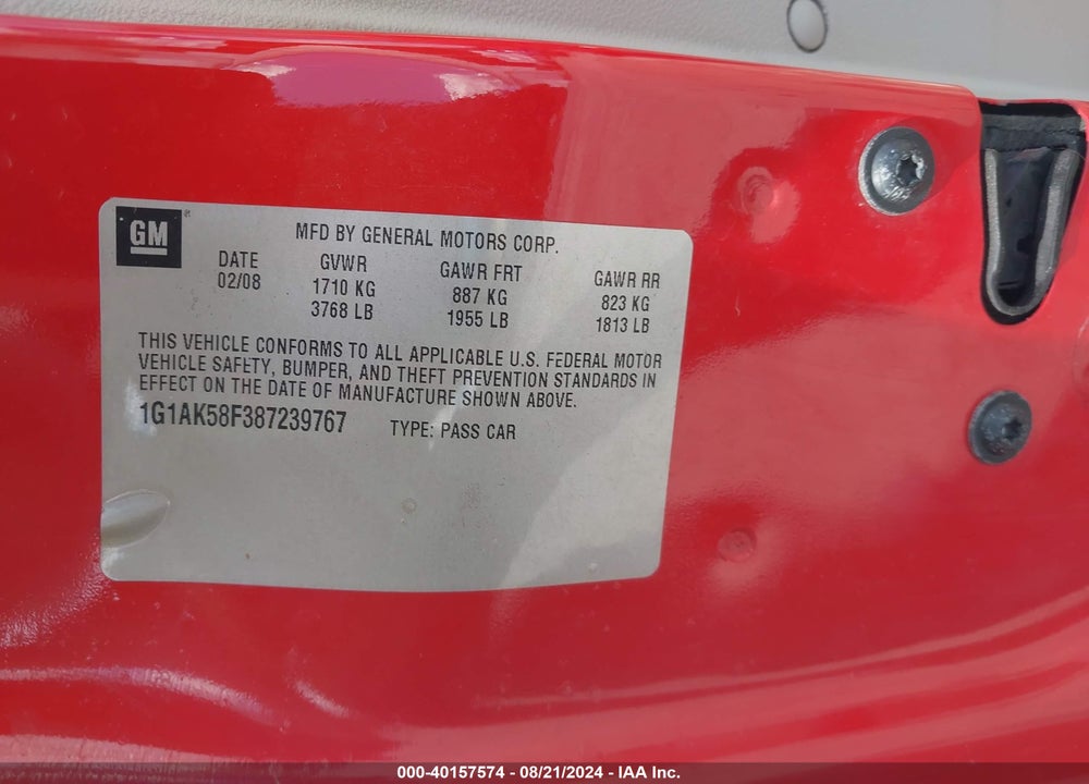 2008 CHEVROLET COBALT LS VIN: 1G1AK58F387239767