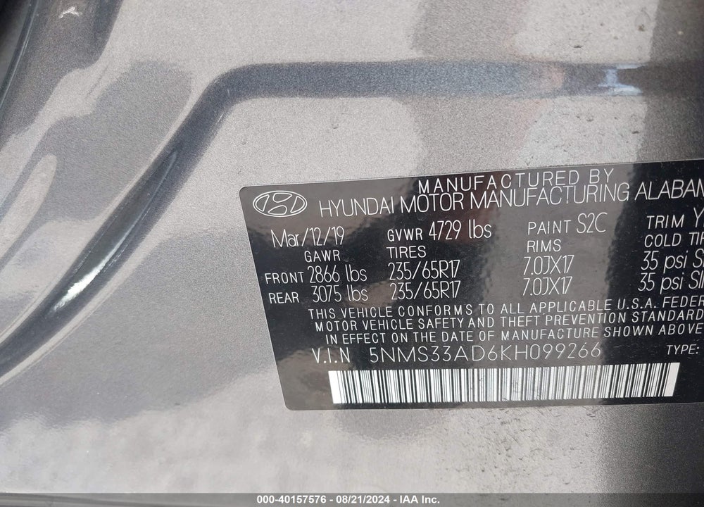 2019 HYUNDAI SANTA FE SEL VIN: 5NMS33AD6KH099266