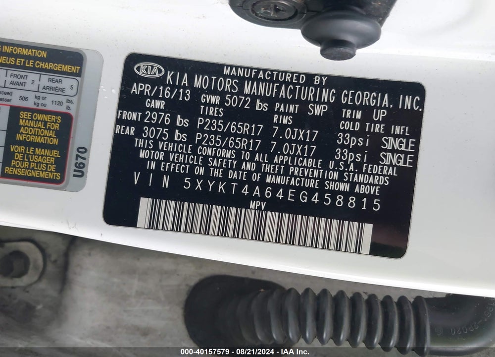 2014 KIA SORENTO VIN: 5XYKT4A64EG458815