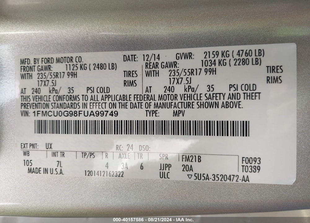 2015 FORD ESCAPE SE VIN: 1FMCU0G98FUA99749