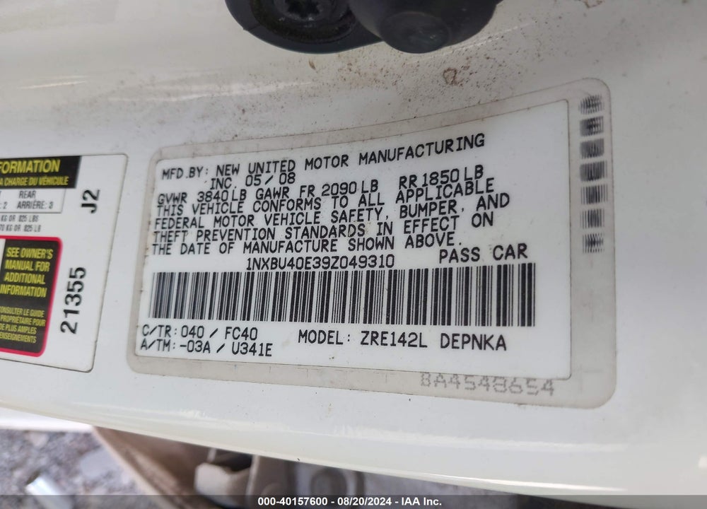 2009 TOYOTA COROLLA XLE VIN: 1NXBU40E39Z049310