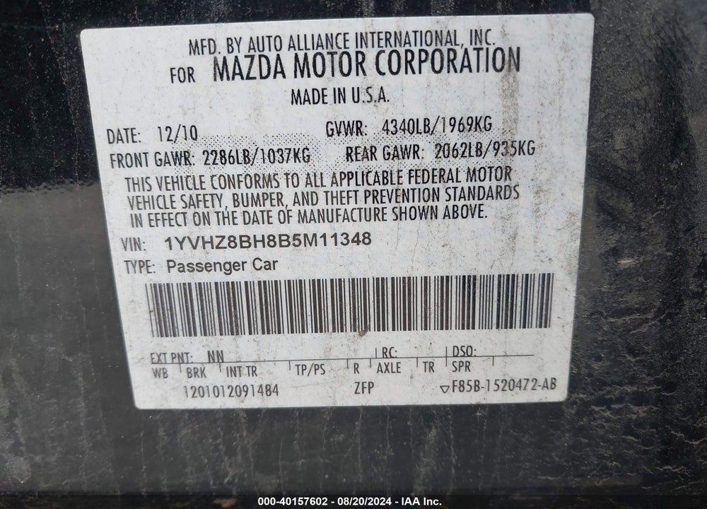 2011 MAZDA 6 I SPORT VIN: 1YVHZ8BH8B5M11348