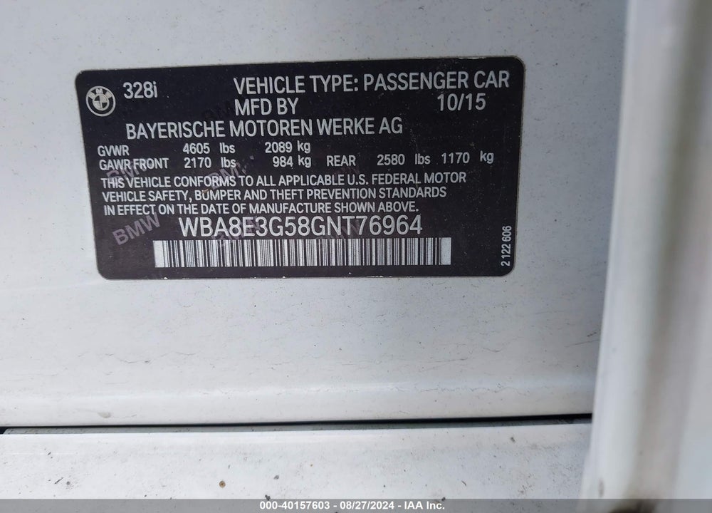 2016 BMW 328I XDRIVE VIN: WBA8E3G58GNT76964