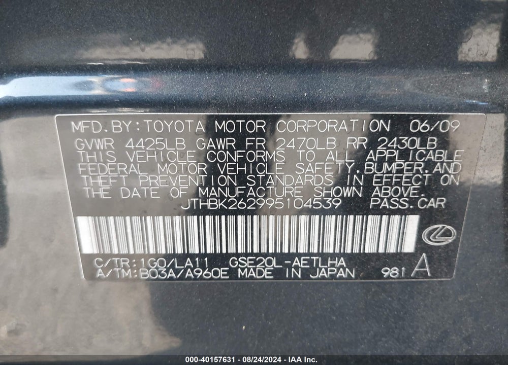 2009 LEXUS IS 250 VIN: JTHBK262995104539