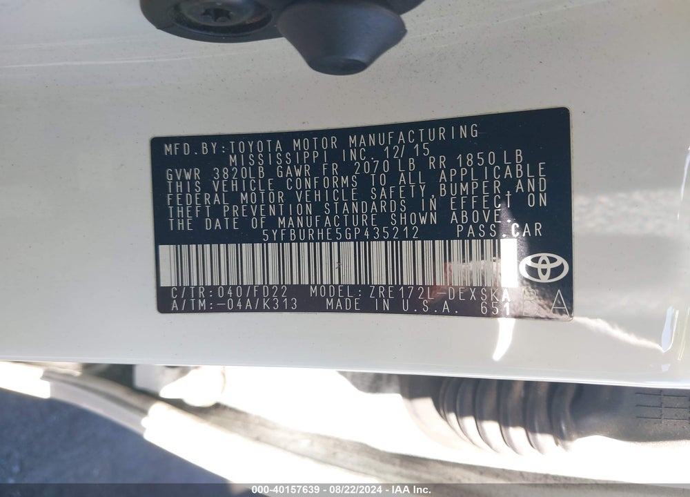 2016 TOYOTA COROLLA S PLUS VIN: 5YFBURHE5GP435212