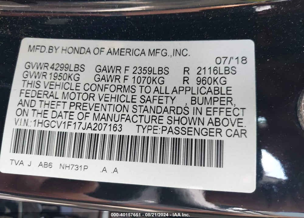 2018 HONDA ACCORD LX VIN: 1HGCV1F17JA207163
