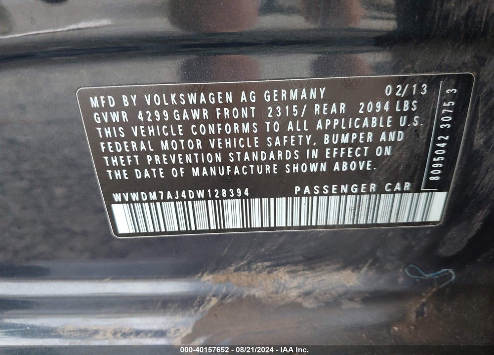 2013 VOLKSWAGEN GOLF 2.0L TDI 4-DOOR VIN: WVWDM7AJ4DW128394