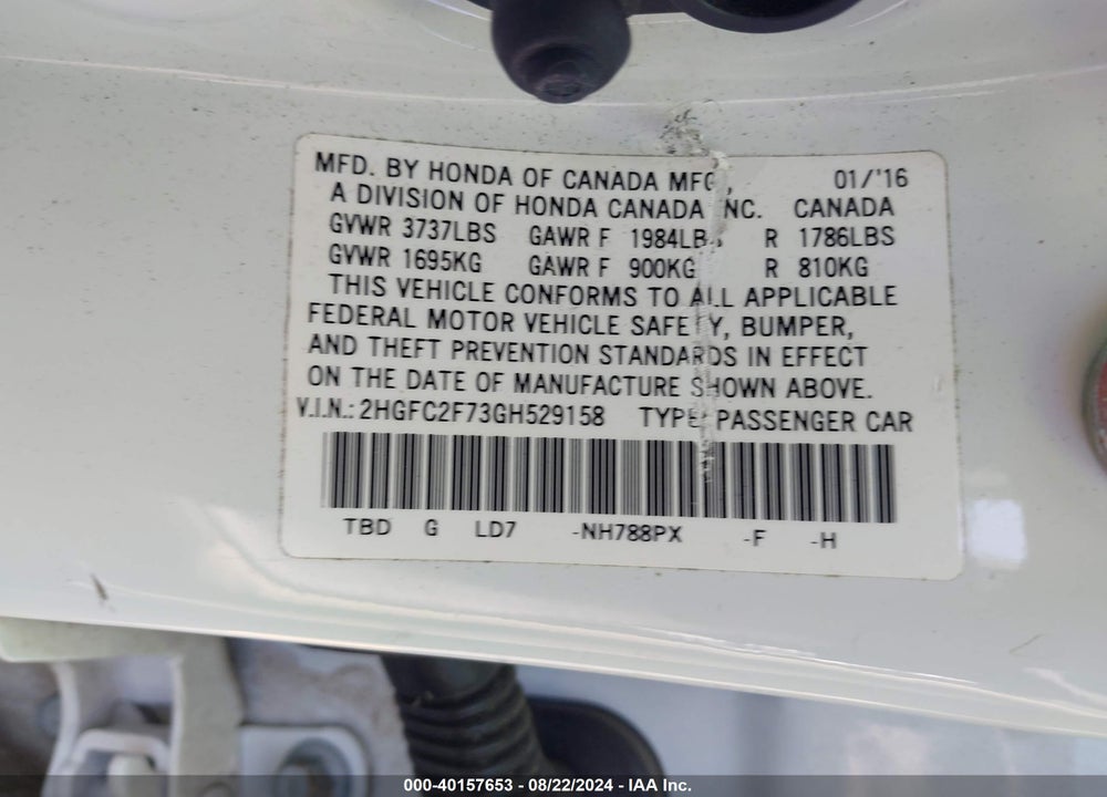 2016 HONDA CIVIC EX VIN: 2HGFC2F73GH529158
