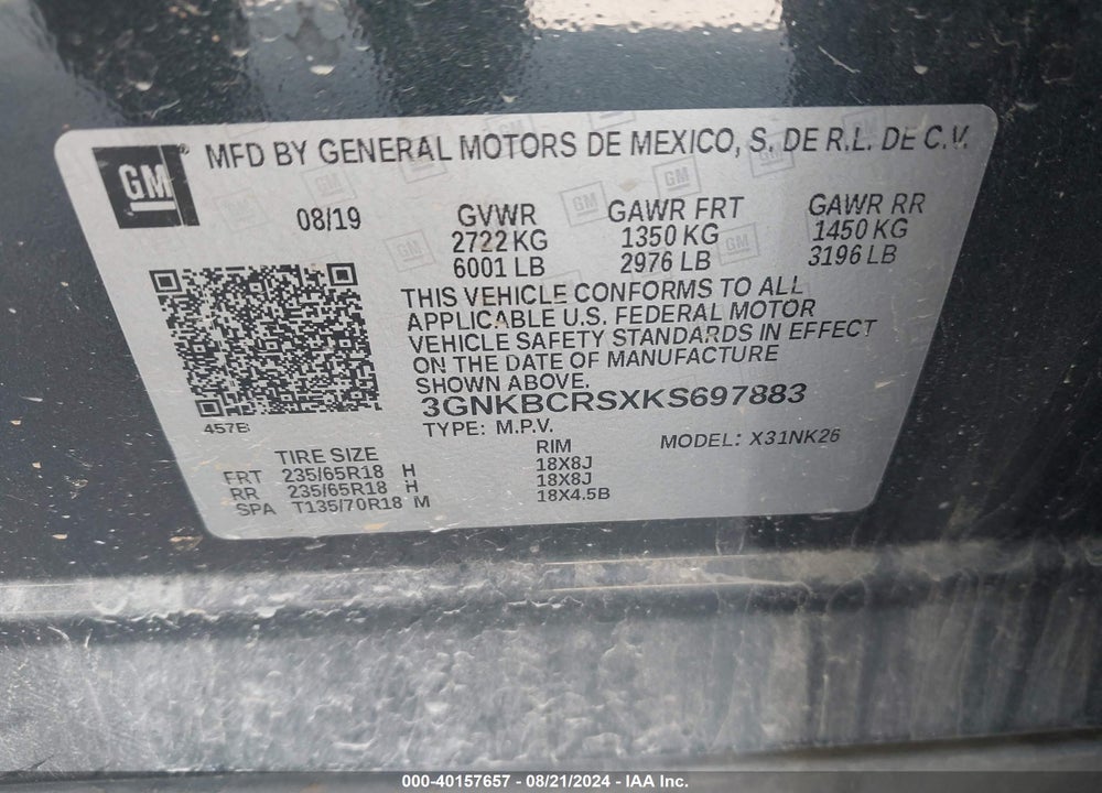 2019 CHEVROLET BLAZER VIN: 3GNKBCRSXKS697883