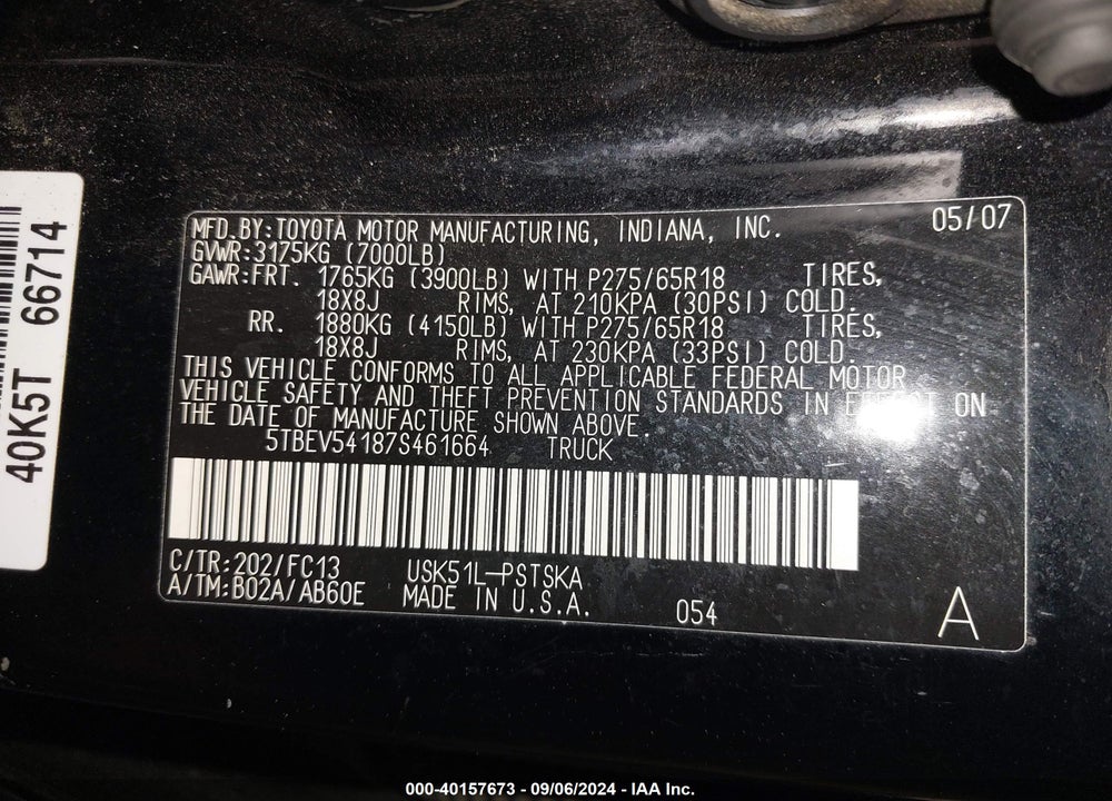 2007 TOYOTA TUNDRA SR5 5.7L V8 VIN: 5TBEV54187S461664