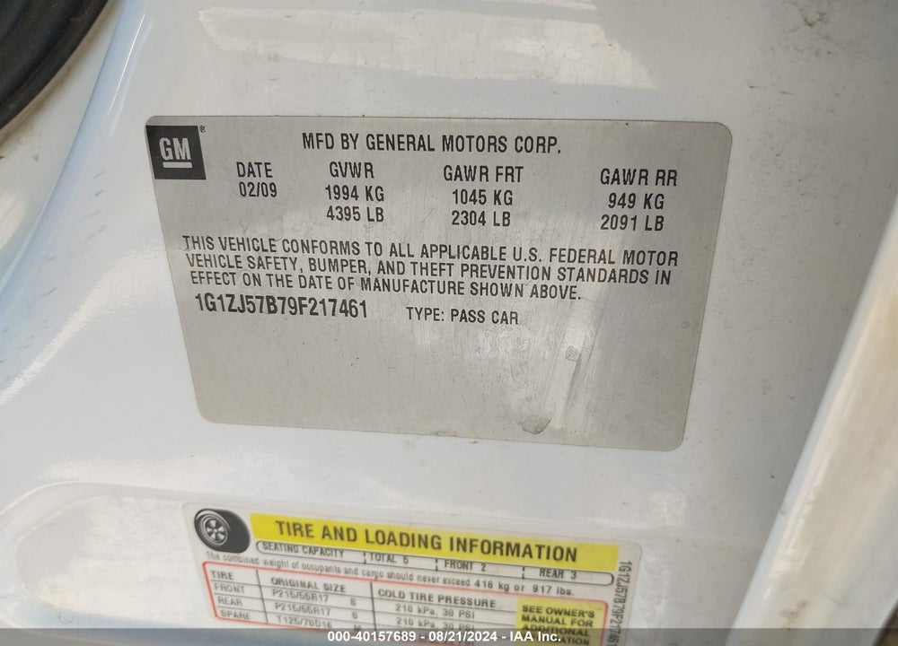 2009 CHEVROLET MALIBU LT VIN: 1G1ZJ57B79F217461