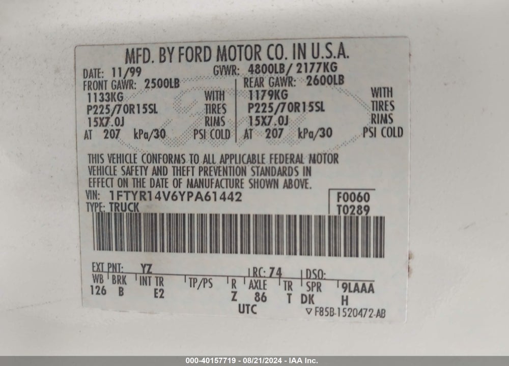 2000 FORD RANGER XL/XLT VIN: 1FTYR14V6YPA61442