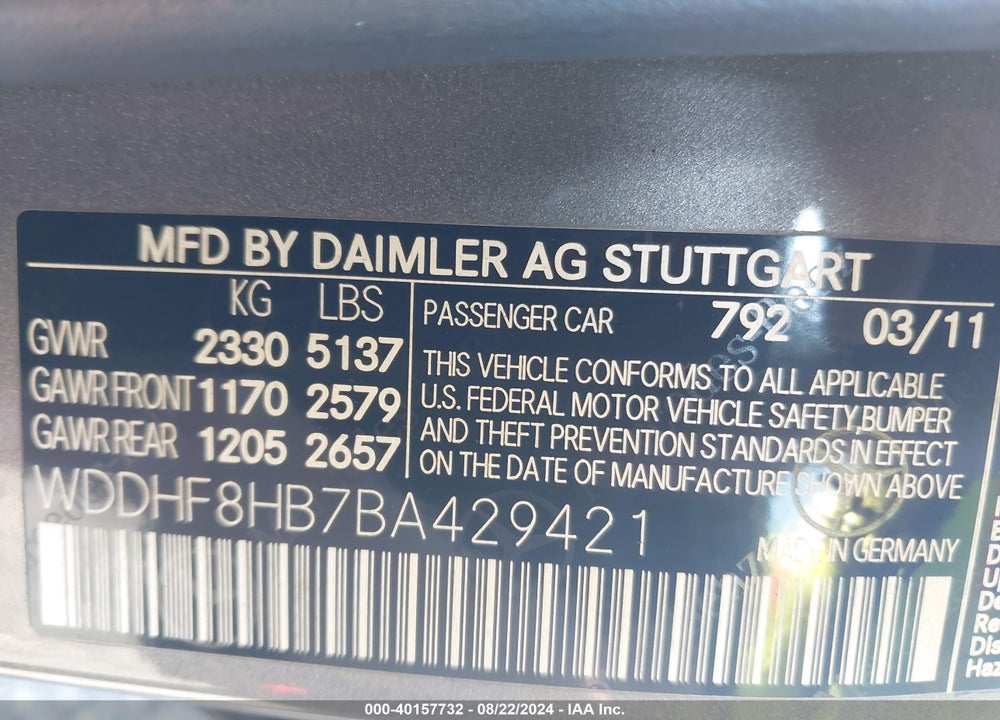 2011 MERCEDES-BENZ E 350 4MATIC VIN: WDDHF8HB7BA429421