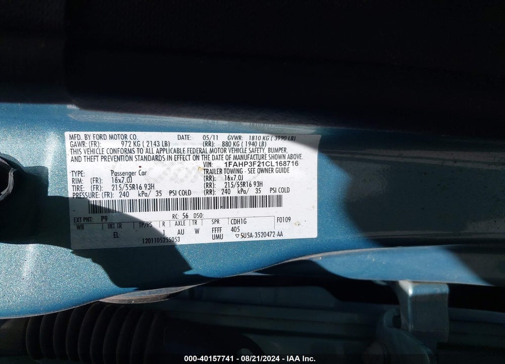 2012 FORD FOCUS SE VIN: 1FAHP3F21CL168716