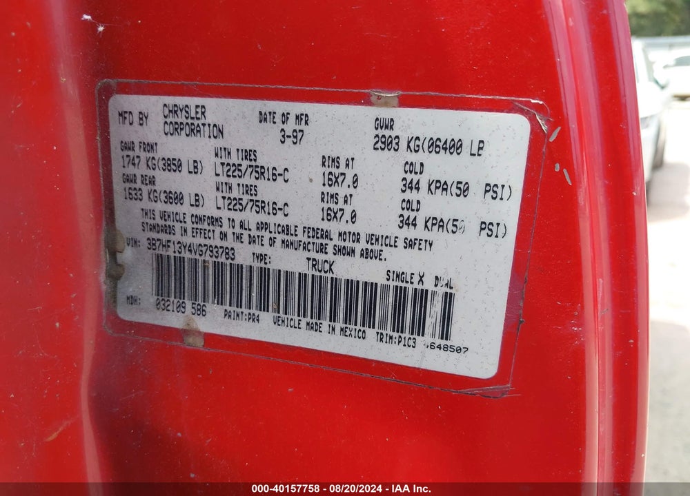 1997 DODGE RAM 1500 ST VIN: 3B7HF13Y4VG793783