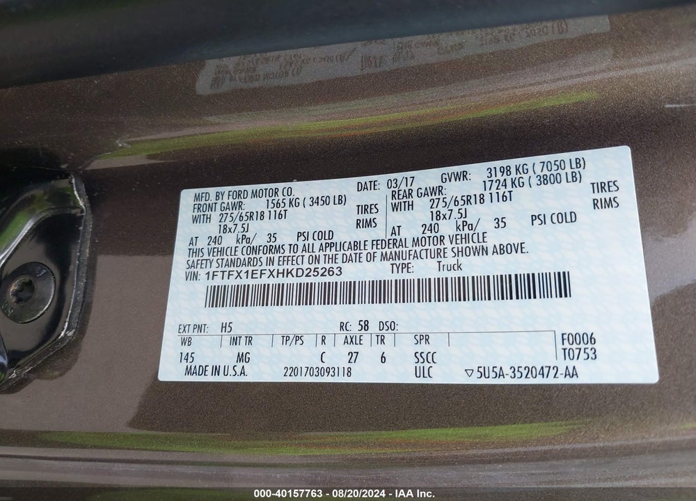 2017 FORD F-150 XLT VIN: 1FTFX1EFXHKD25263
