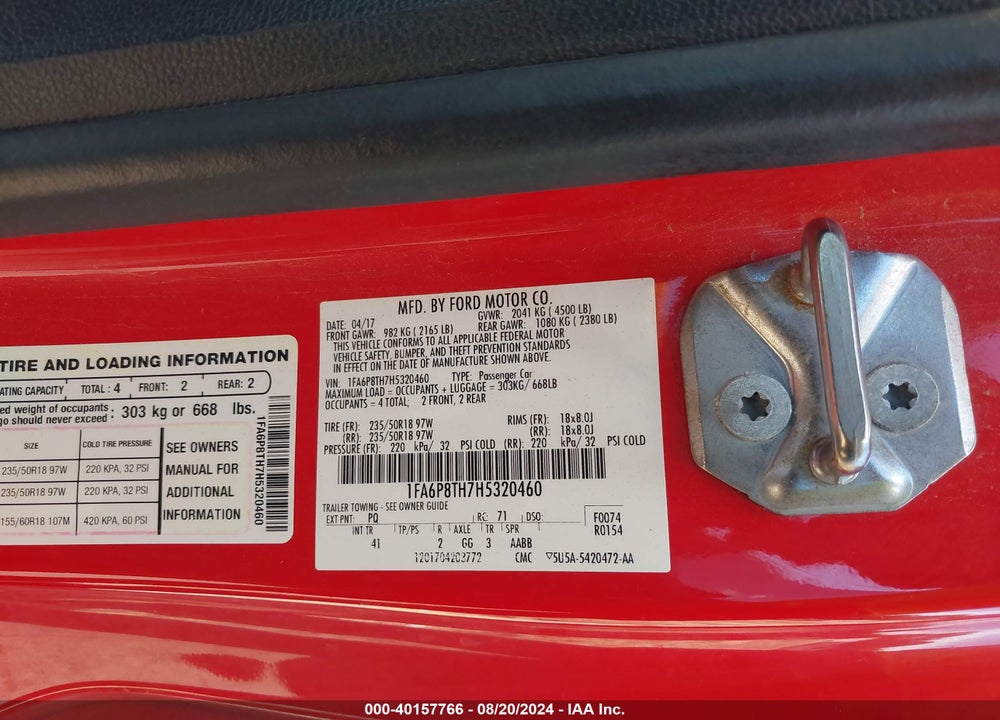 2017 FORD MUSTANG ECOBOOST VIN: 1FA6P8TH7H5320460