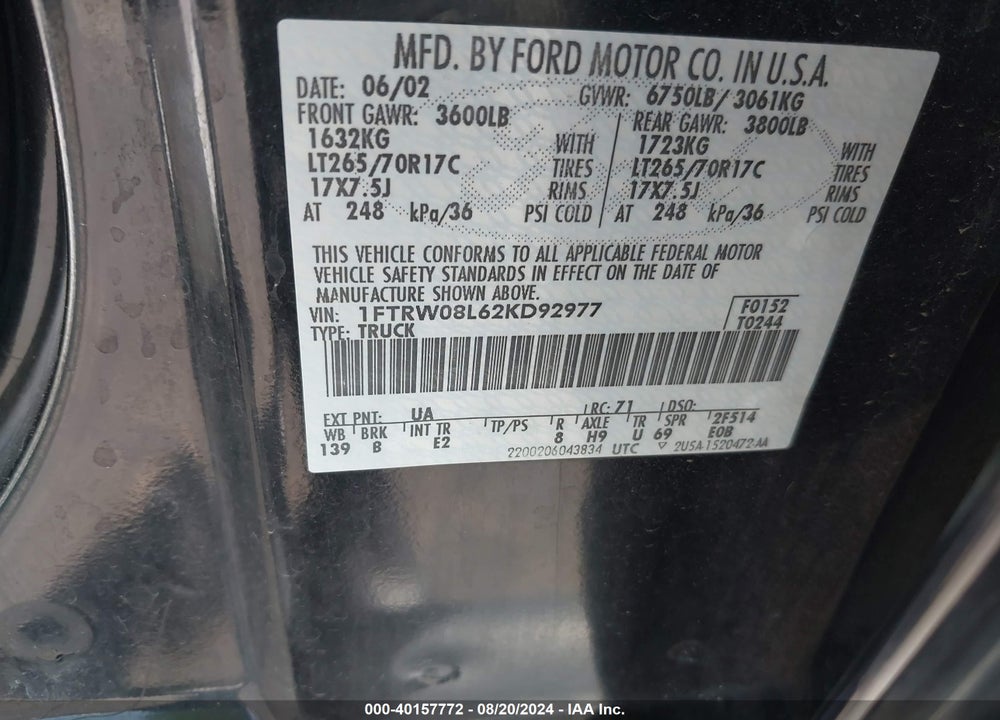 2002 FORD F-150 LARIAT/XLT VIN: 1FTRW08L62KD92977