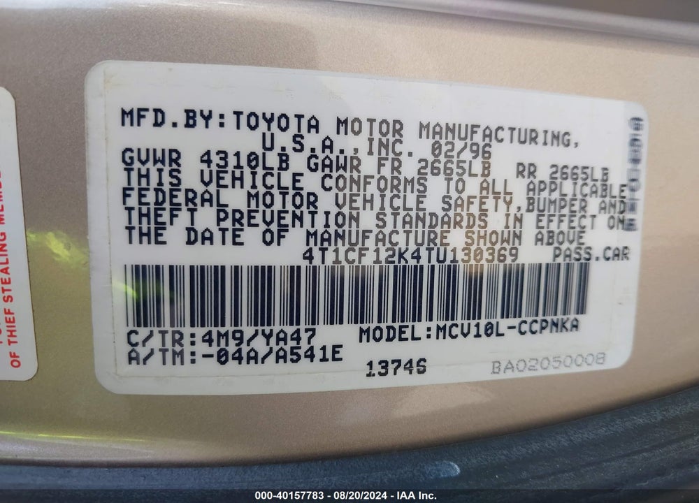 1996 TOYOTA CAMRY LE/SE VIN: 4T1CF12K4TU130369