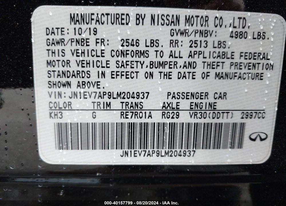 2020 INFINITI Q50 LUXE VIN: JN1EV7AP9LM204937