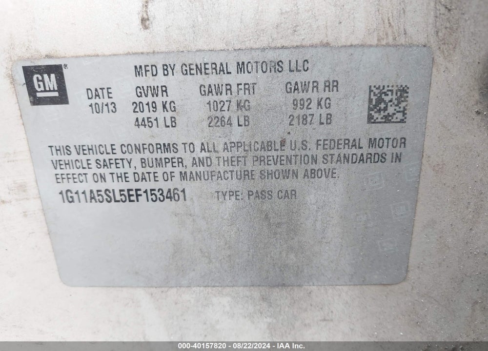 2014 CHEVROLET MALIBU 1FL VIN: 1G11A5SL5EF153461