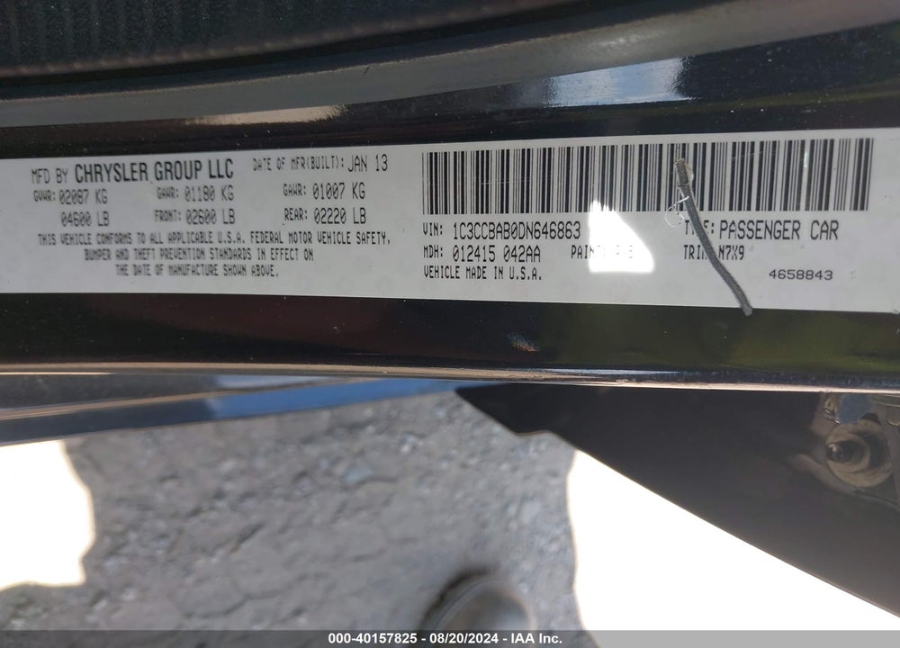 2013 CHRYSLER 200 LX VIN: 1C3CCBAB0DN646863