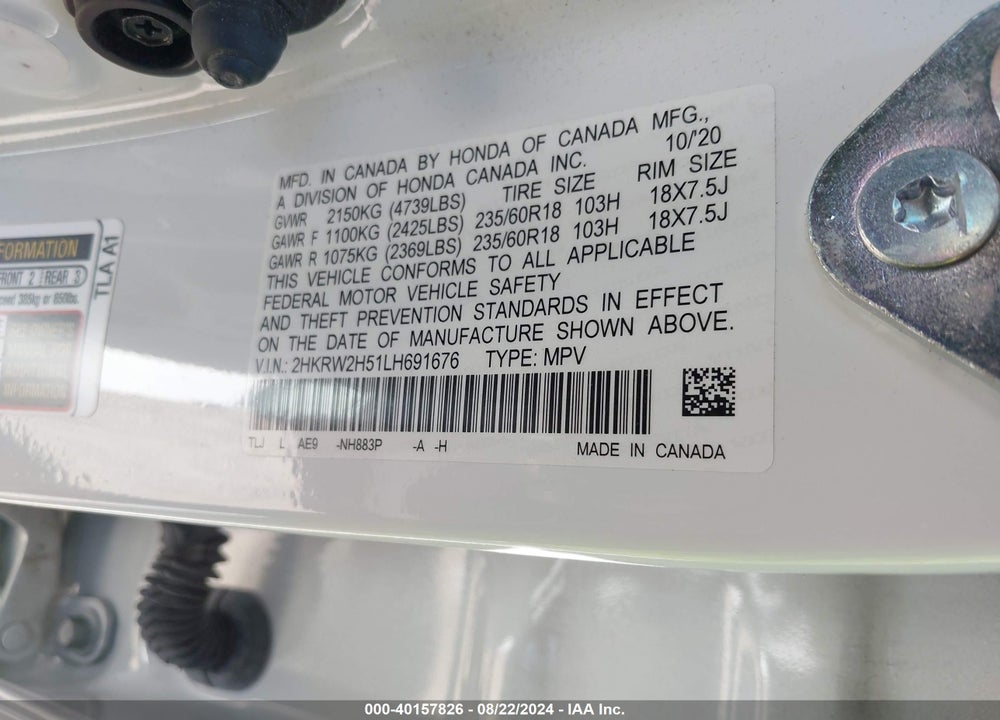 2020 HONDA CR-V AWD EX VIN: 2HKRW2H51LH691676