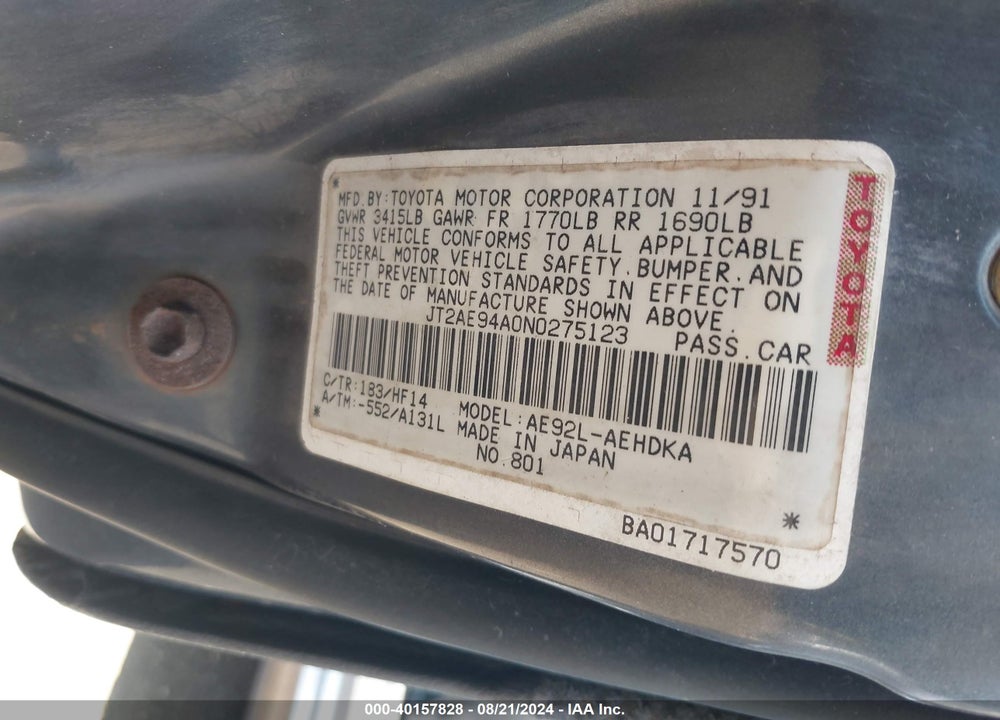 1992 TOYOTA COROLLA DLX VIN: JT2AE94A0N0275123