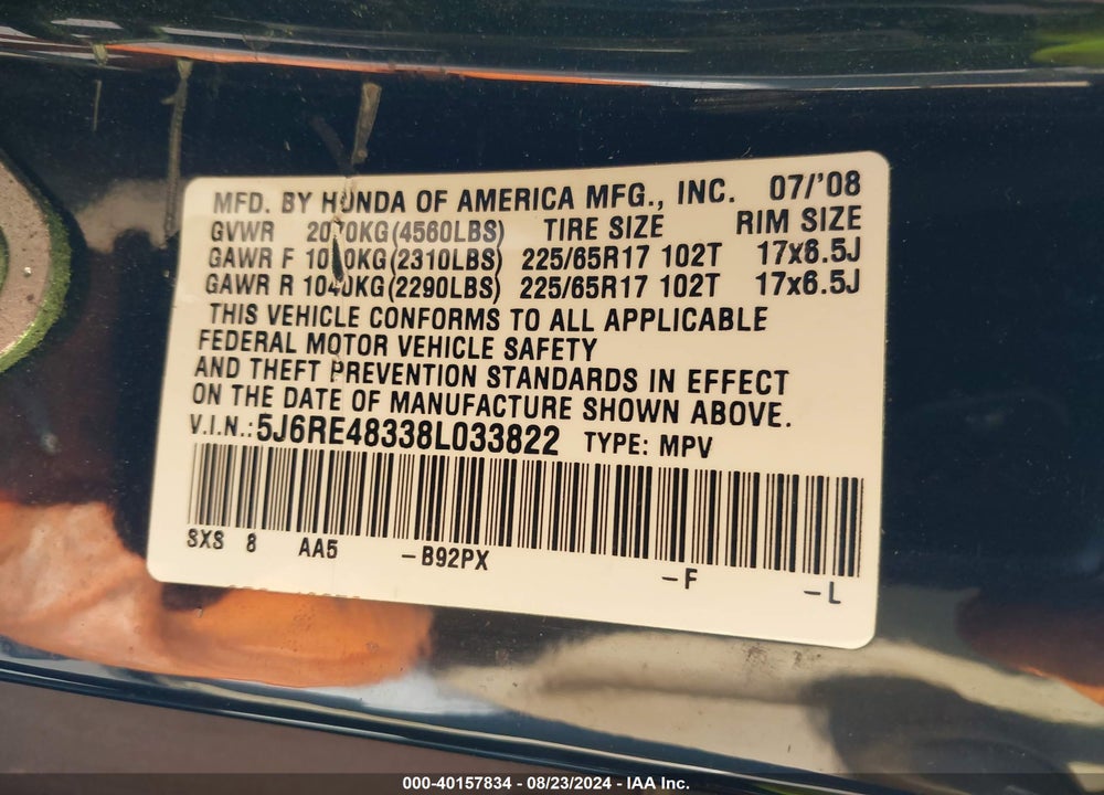 2008 HONDA CR-V LX VIN: 5J6RE48338L033822
