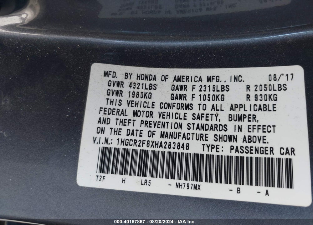 2017 HONDA ACCORD EX-L VIN: 1HGCR2F8XHA283848