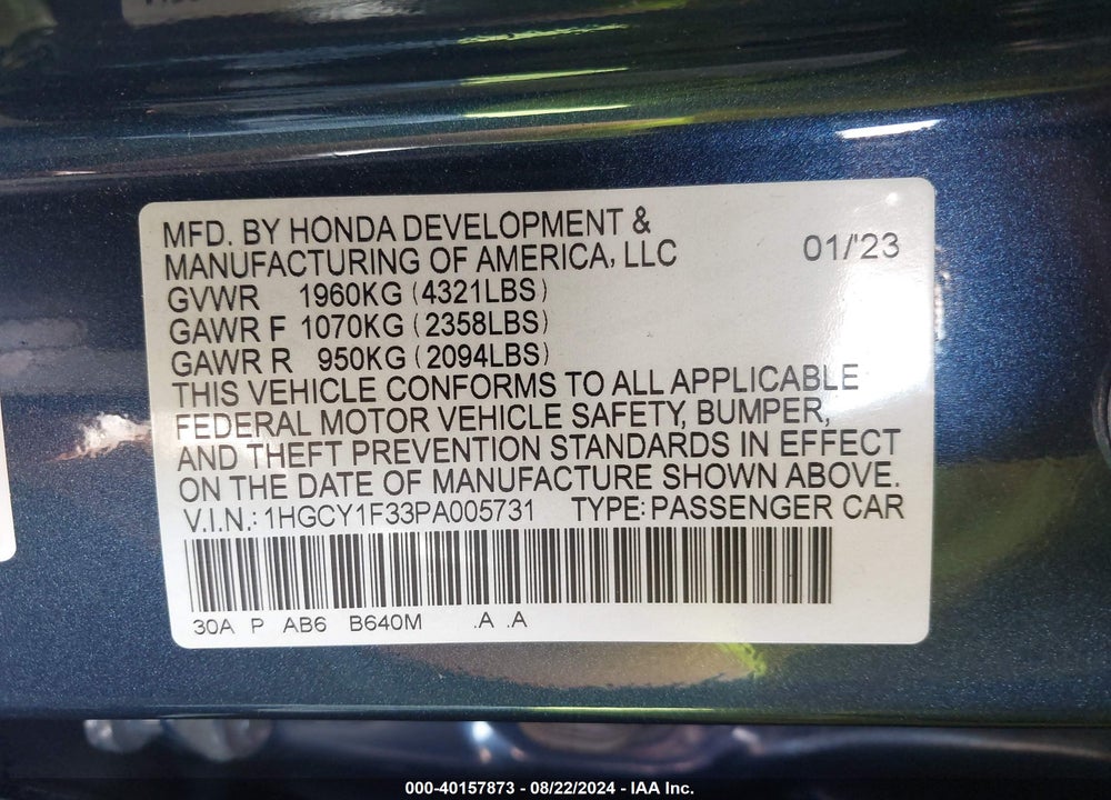 2023 HONDA ACCORD EX VIN: 1HGCY1F33PA005731