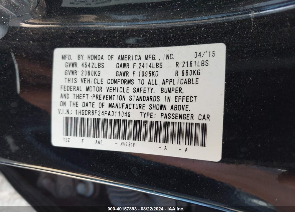 2015 HONDA ACCORD HYBRID VIN: 1HGCR6F34FA011045