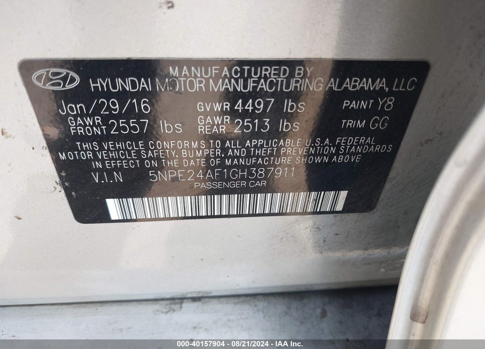 2016 HYUNDAI SONATA SE VIN: 5NPE24AF1GH387911